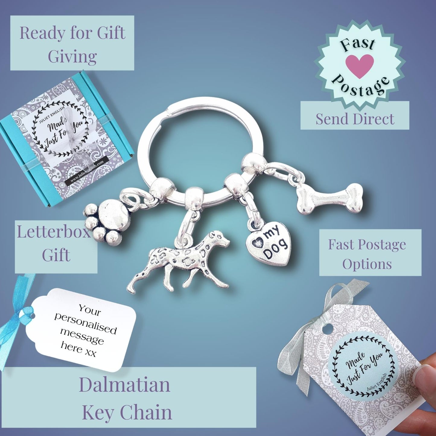 Dalmatian keychain with charms on a blue background