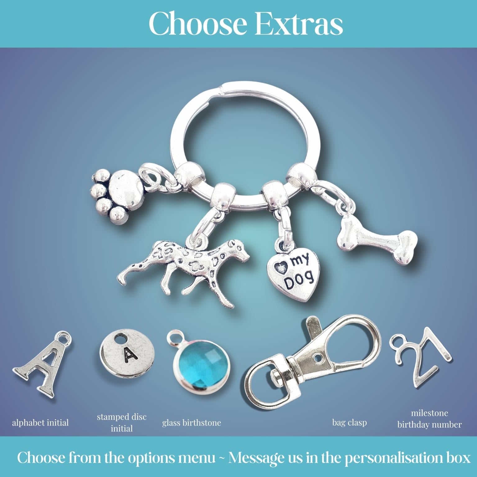 Silver keychain with dog-themed charms on a blue gradient background