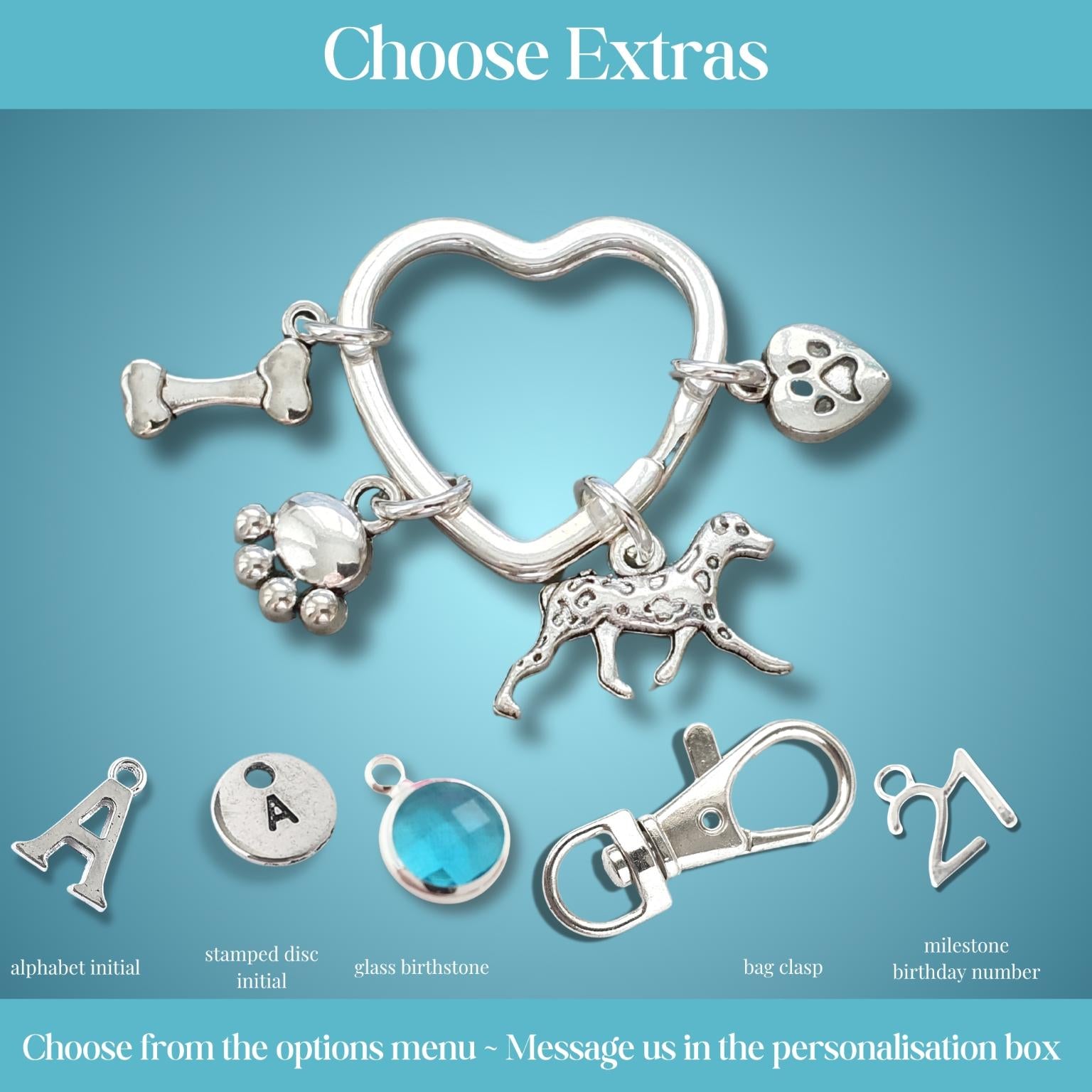 A product customization graphic showing a silver charm bracelet with a heart-shaped ring, dog silhouette charm, paw prints, and bone charm, alongside individual option icons for letters, a stamped disc, glass birthstone, bag clasp, and milestone number on a blue gradient background.