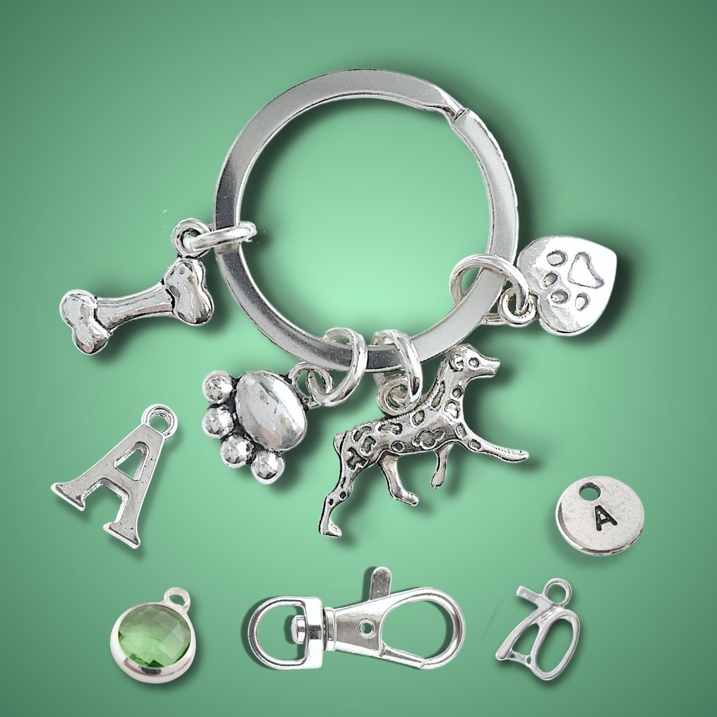 Silver keychain with various charms on a green background