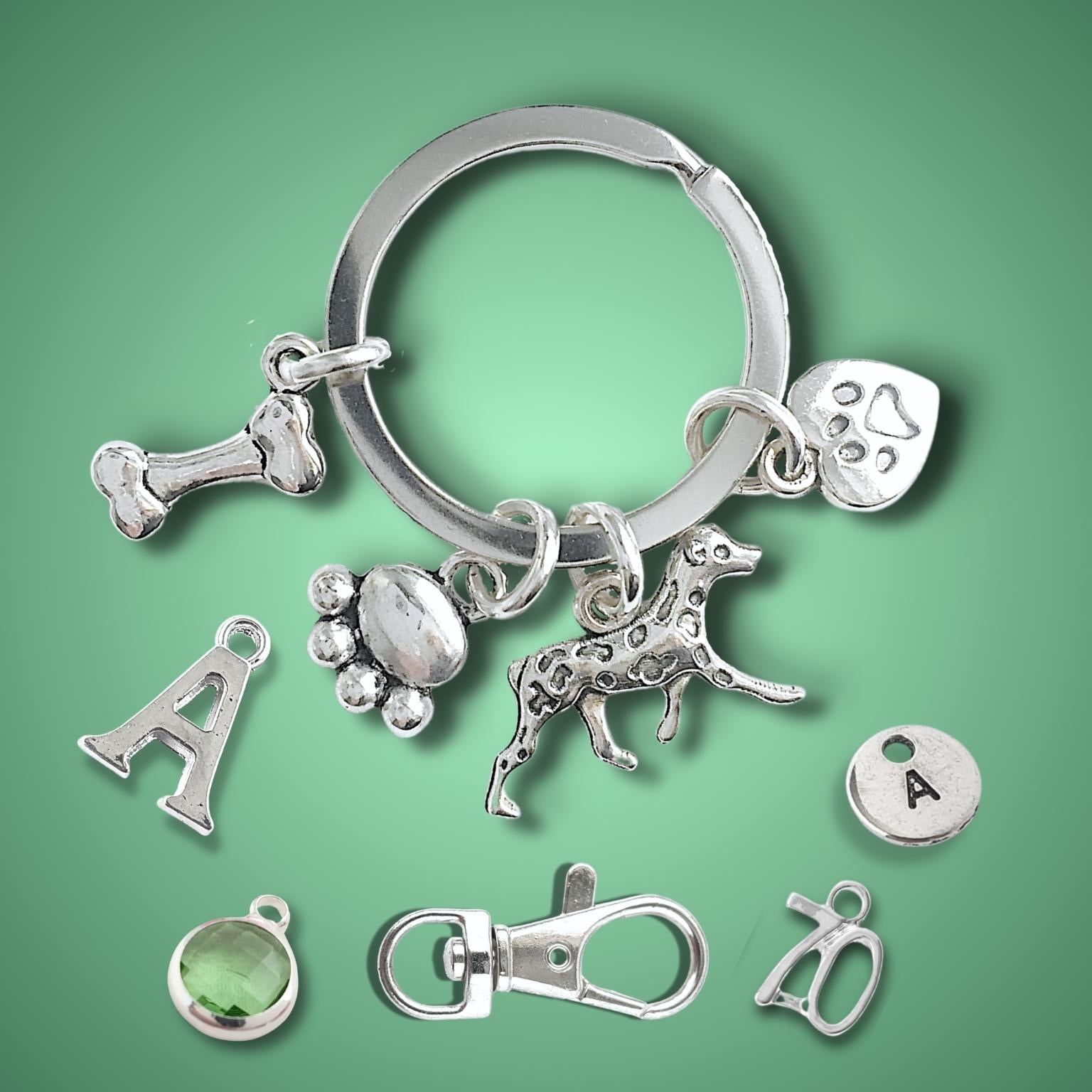 Silver keychain with various charms on a green background