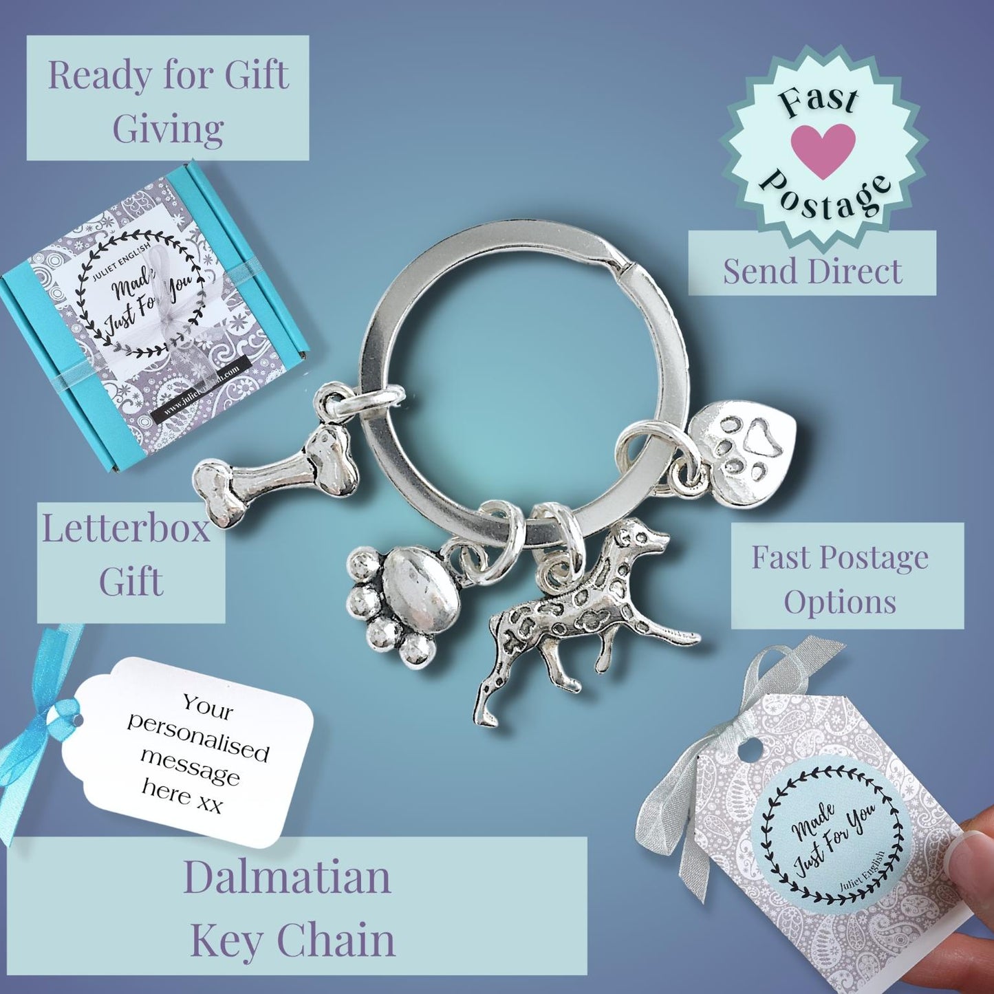 Dalmatian keychain with charms on a blue background, surrounded by promotional text.
