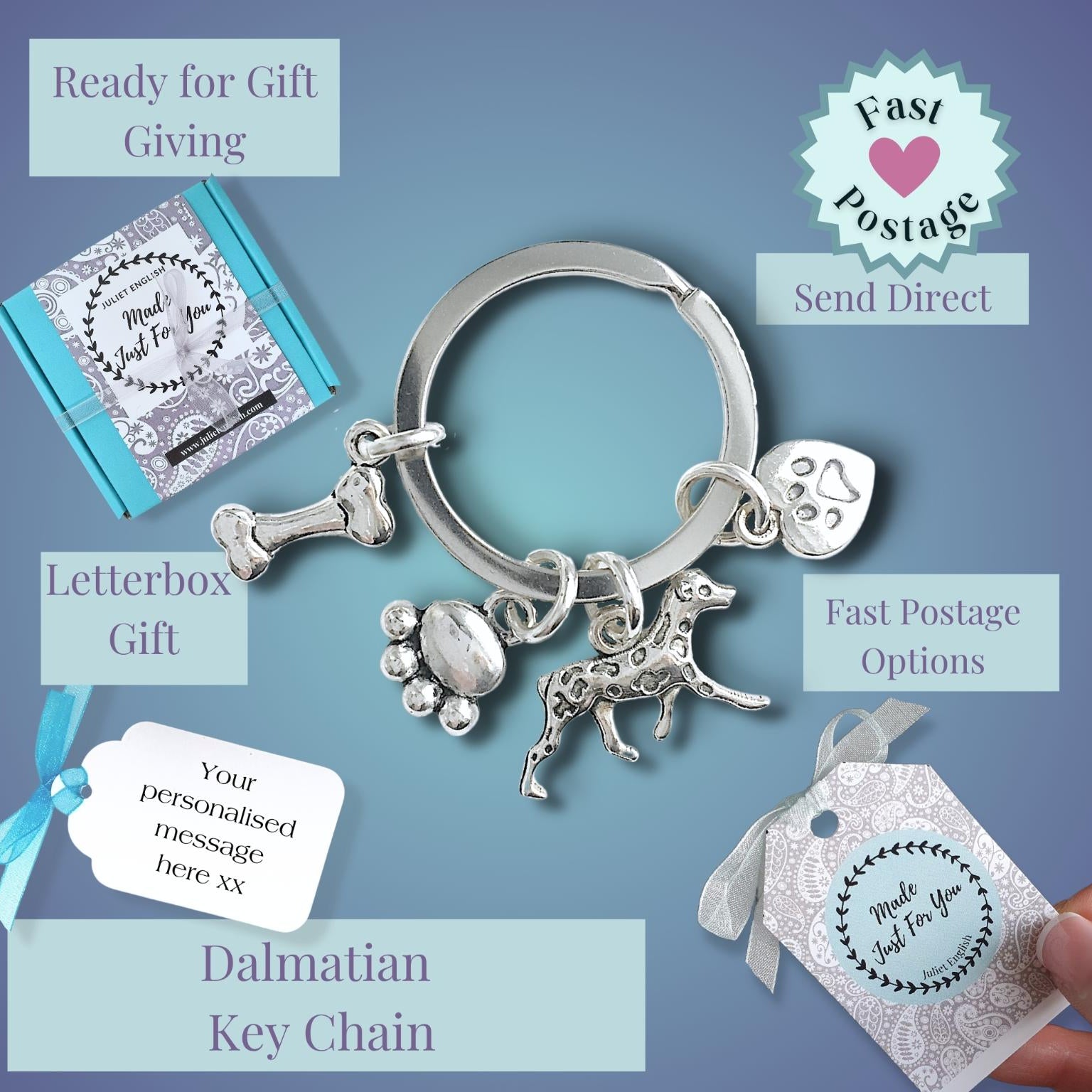 Dalmatian keychain with charms on a blue background, surrounded by promotional text.