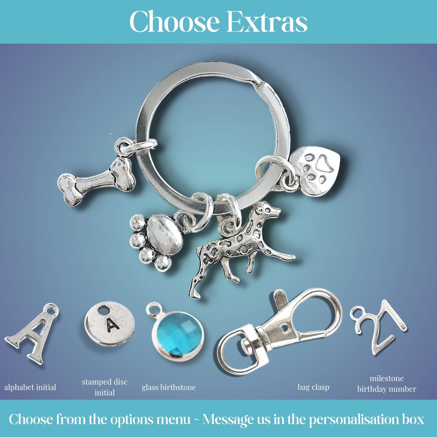 Silver keychain with various charms on a blue gradient background
