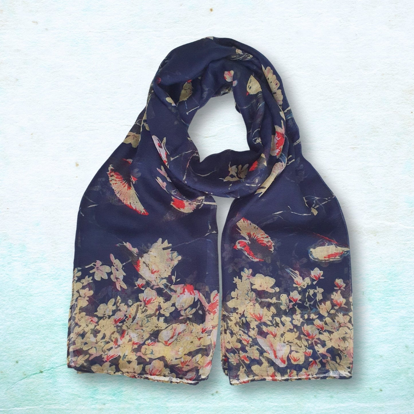 Bird & Floral Scarf - Dark Blue