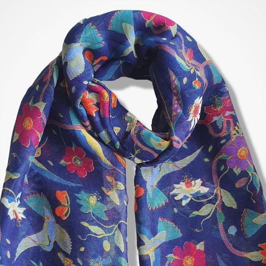 Chintz Bird Print Floral Scarf - Dark Blue