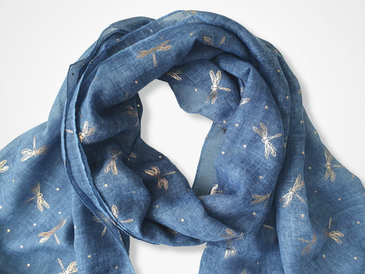 Ladies Lightweight Scarf with Rose Gold Dragonfly Design - Dark Blue