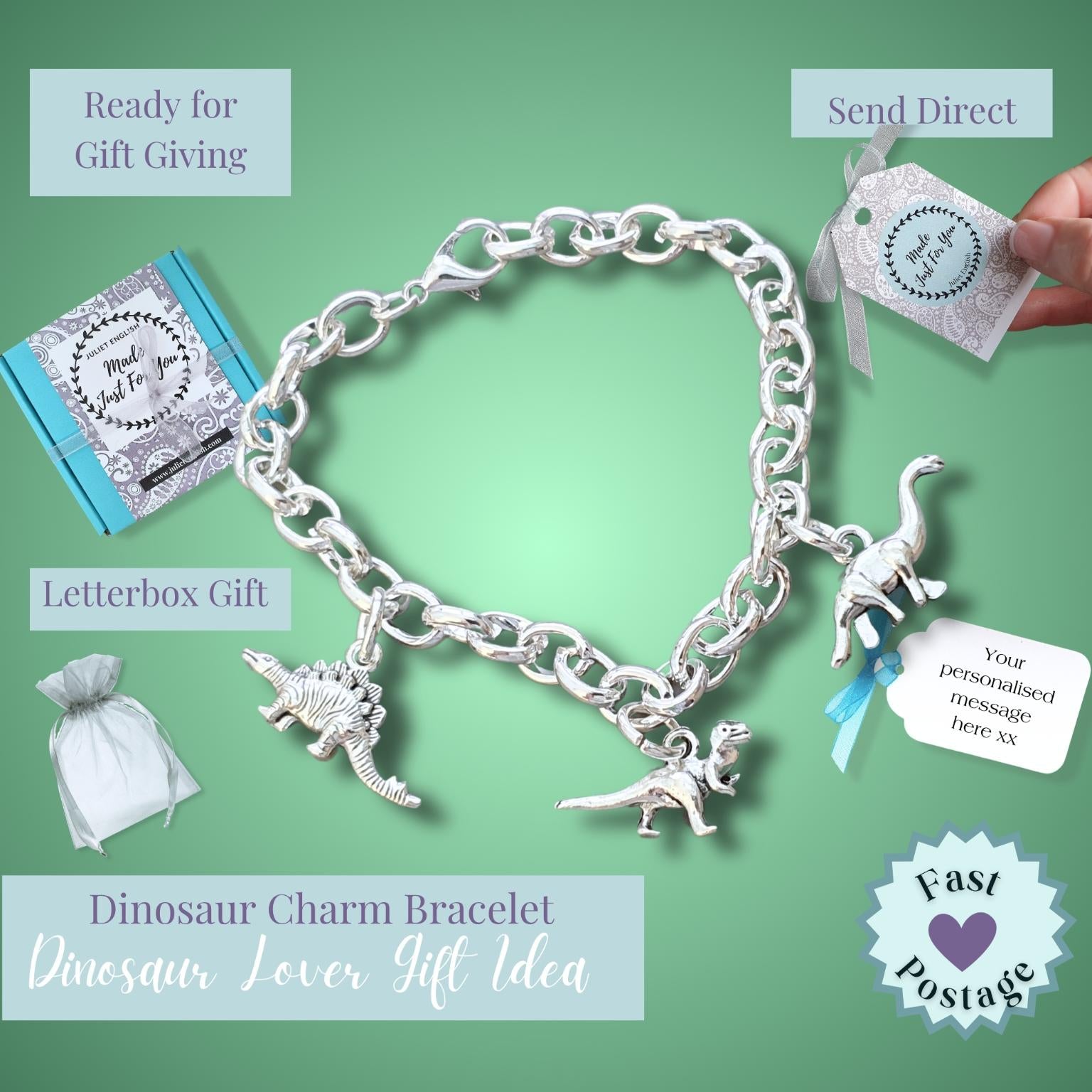 A silver charm bracelet with dinosaur figures, displayed on a green background with gift packaging and promotional text labels including 'Ready for Gift Giving', 'Send Direct', 'Letterbox Gift', and 'Fast Postage'.