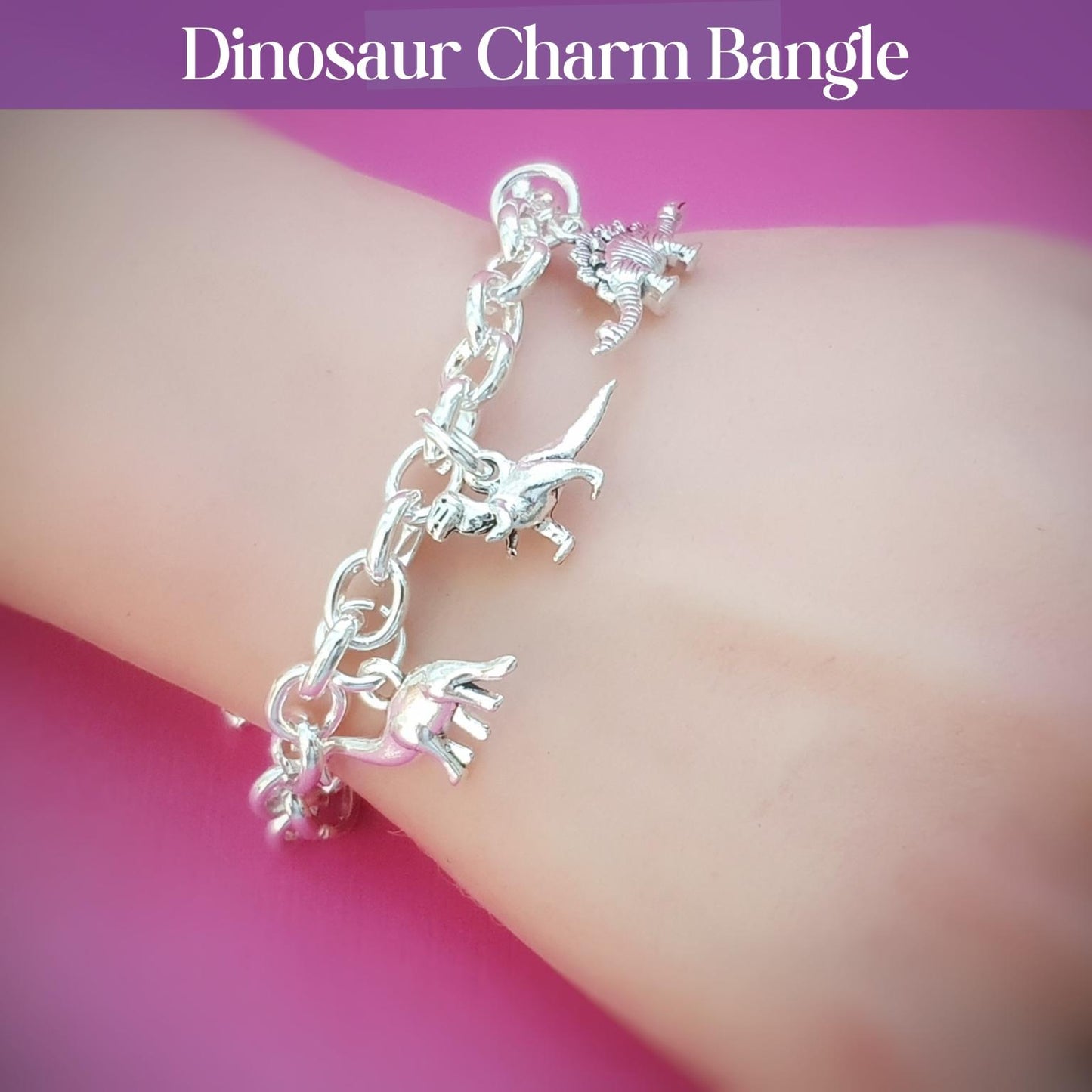 A silver charm bracelet with dinosaur charms worn on a wrist, set against a pink background with a purple banner reading 'Dinosaur Charm Bangle'.