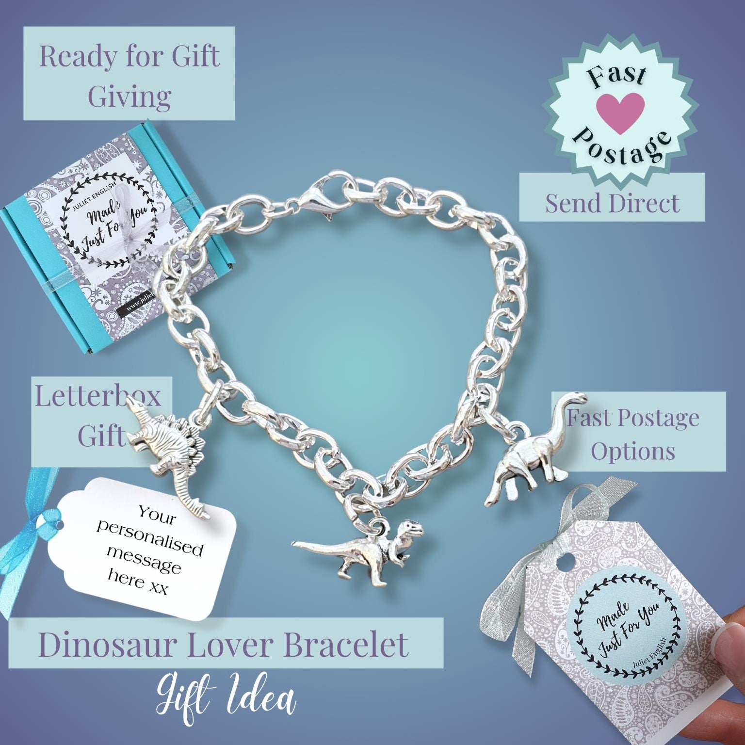A silver dinosaur-themed charm bracelet displayed on a blue gradient background with promotional text overlays and a hand holding a gift tag. The bracelet features two small dinosaur charms and is shown alongside gift box packaging and postage options.