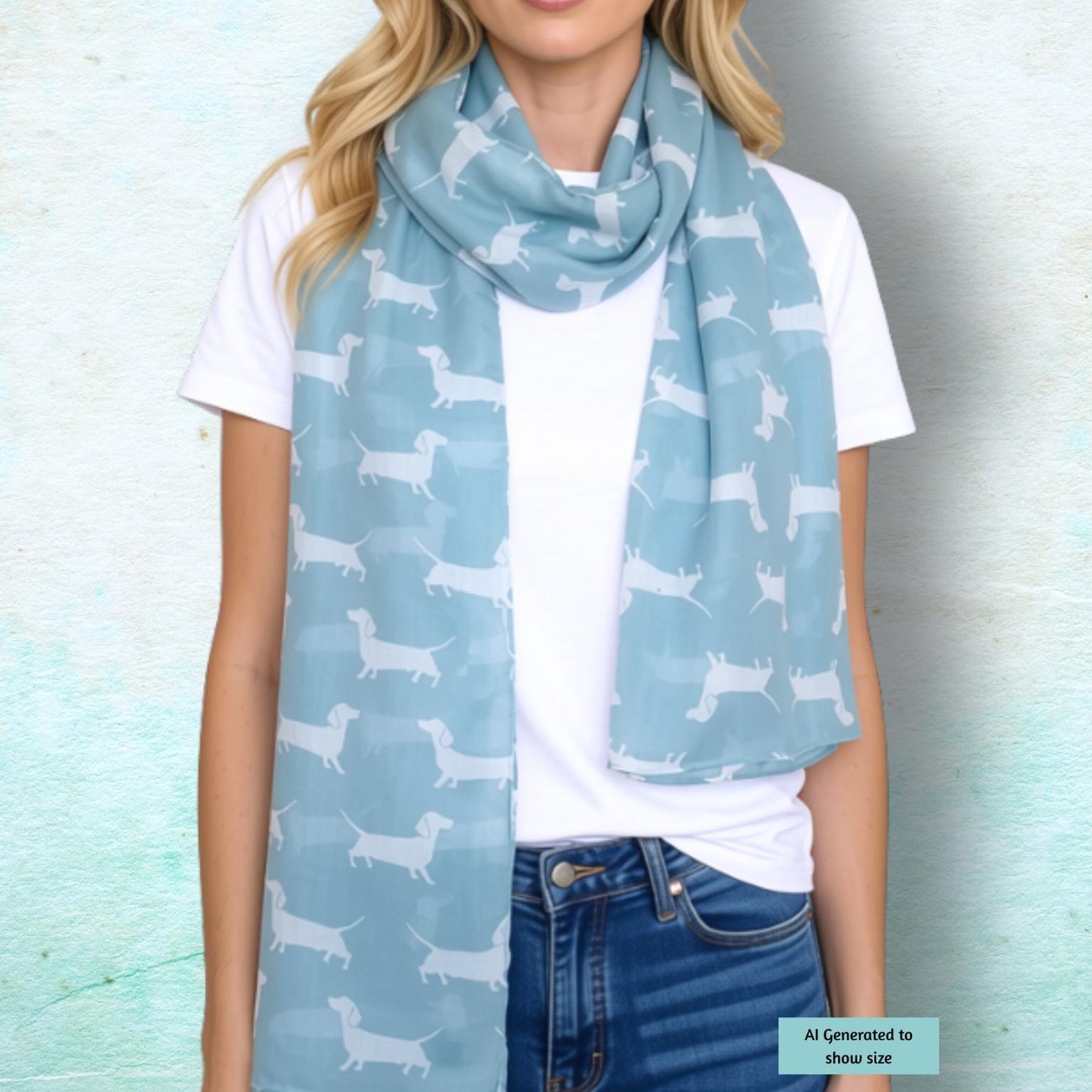 A woman wearing a light blue scarf with a white dachshund dog pattern, styled over a white t-shirt and blue jeans against a textured light blue background.