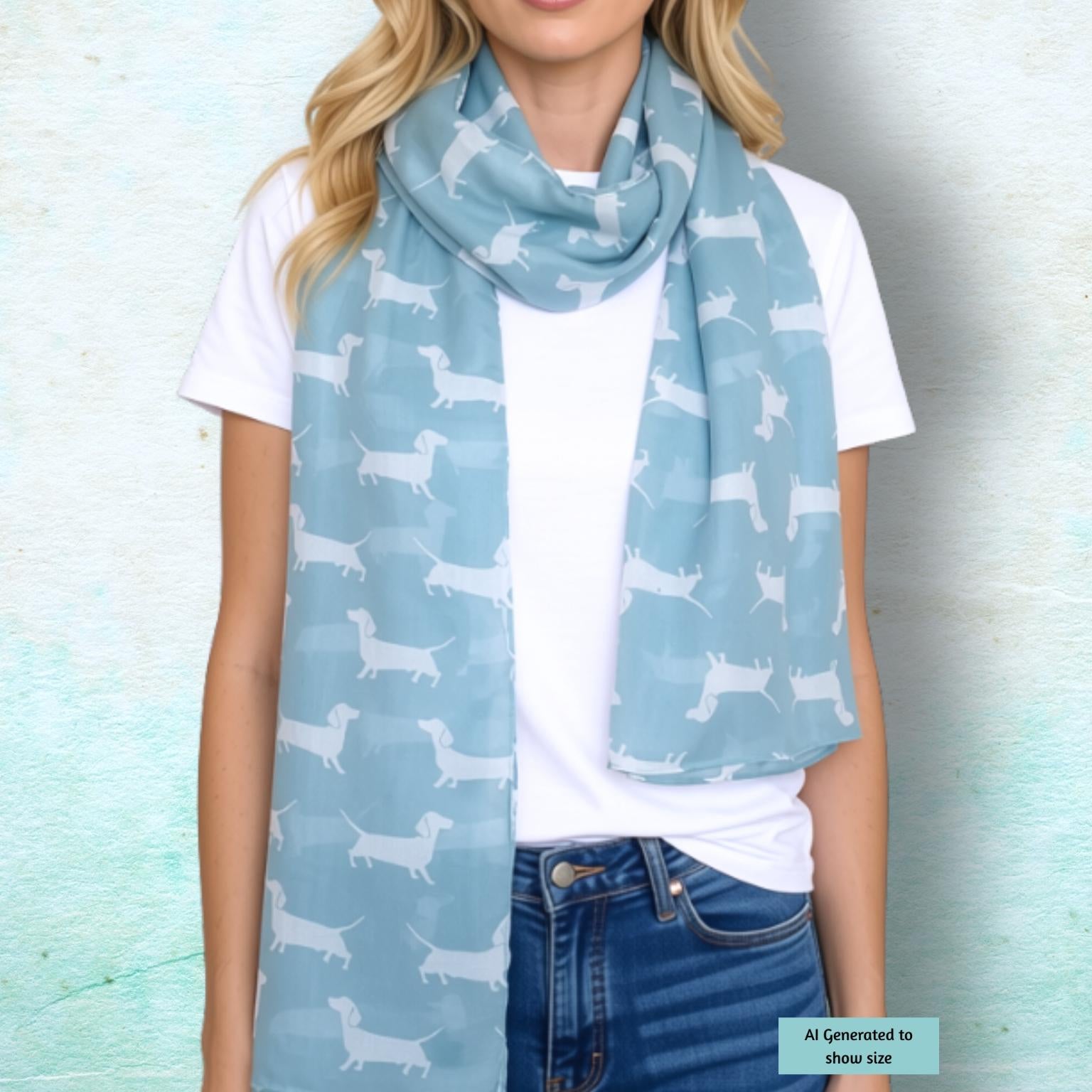 A woman wearing a light blue scarf with a white dachshund dog pattern, styled over a white t-shirt and blue jeans against a textured light blue background.