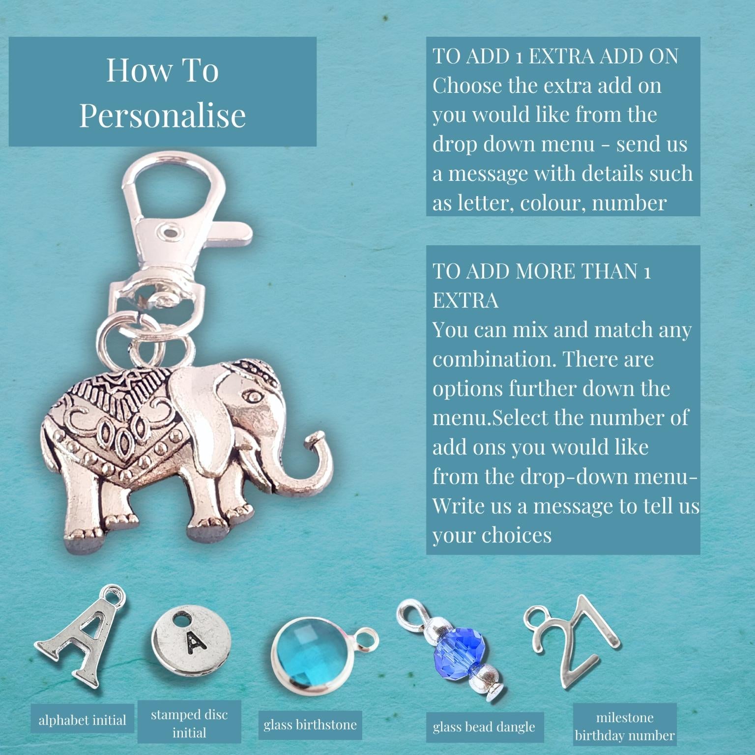 Silver elephant charm keychain with customization options on a teal background