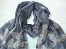 Load image into Gallery viewer, Embroidered Feathers Scarf - Denim with golden thread

