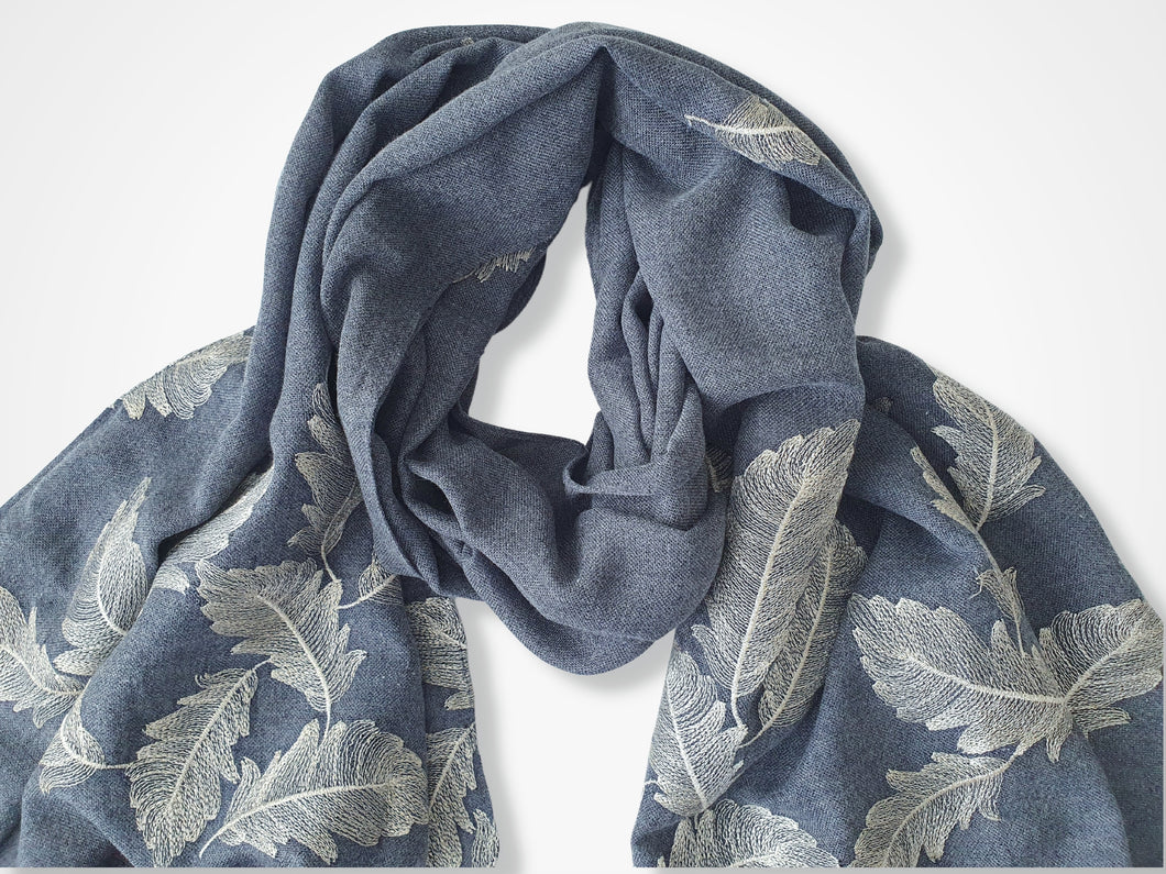 Embroidered Feathers Scarf - Denim with golden thread