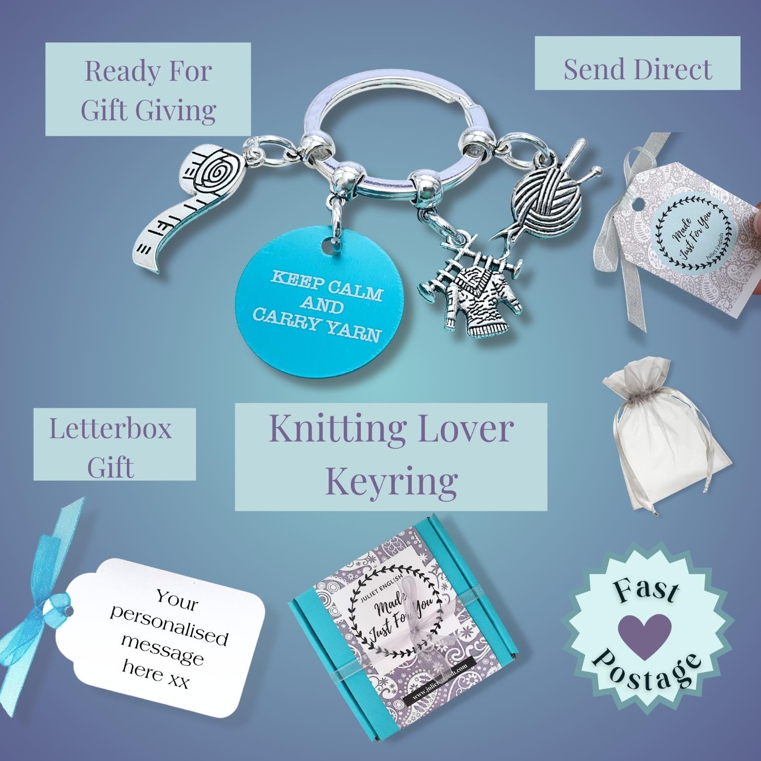 A promotional collage for a 'Knitting Lover Keyring' gift set on a blue gradient background. The main product is a silver keyring charm set with a blue 'KEEP CALM AND CARRY YARN' disc, a knitting needle, and a yarn ball charm.