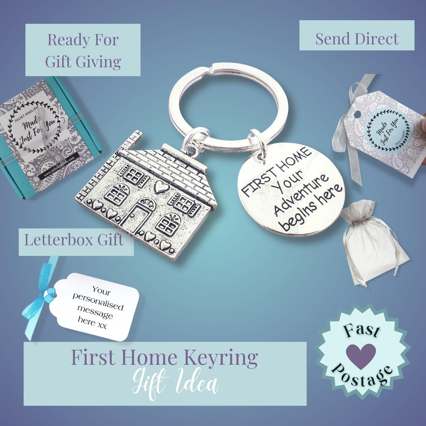 Keychain with house design and 'First Home' message on a blue background