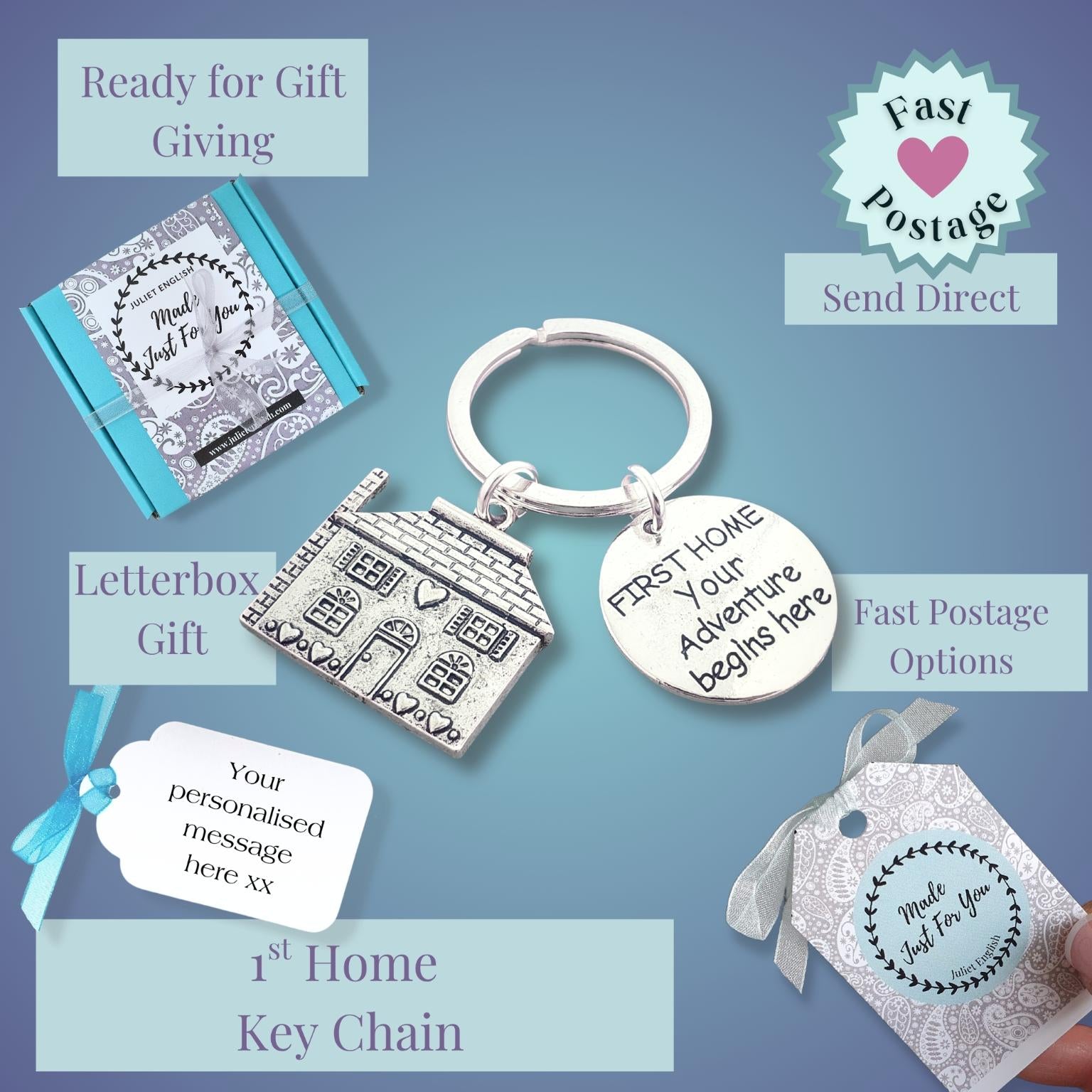 Keychain with house charm and 'First Home' tag, surrounded by promotional text on a blue background