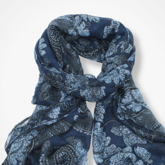 Blue patterned scarf on a white background