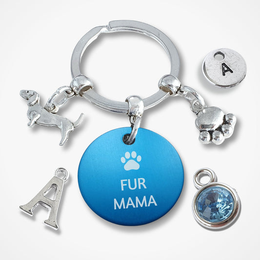 Engraved 'Fur Mama' Dachshund Keyring - Silver