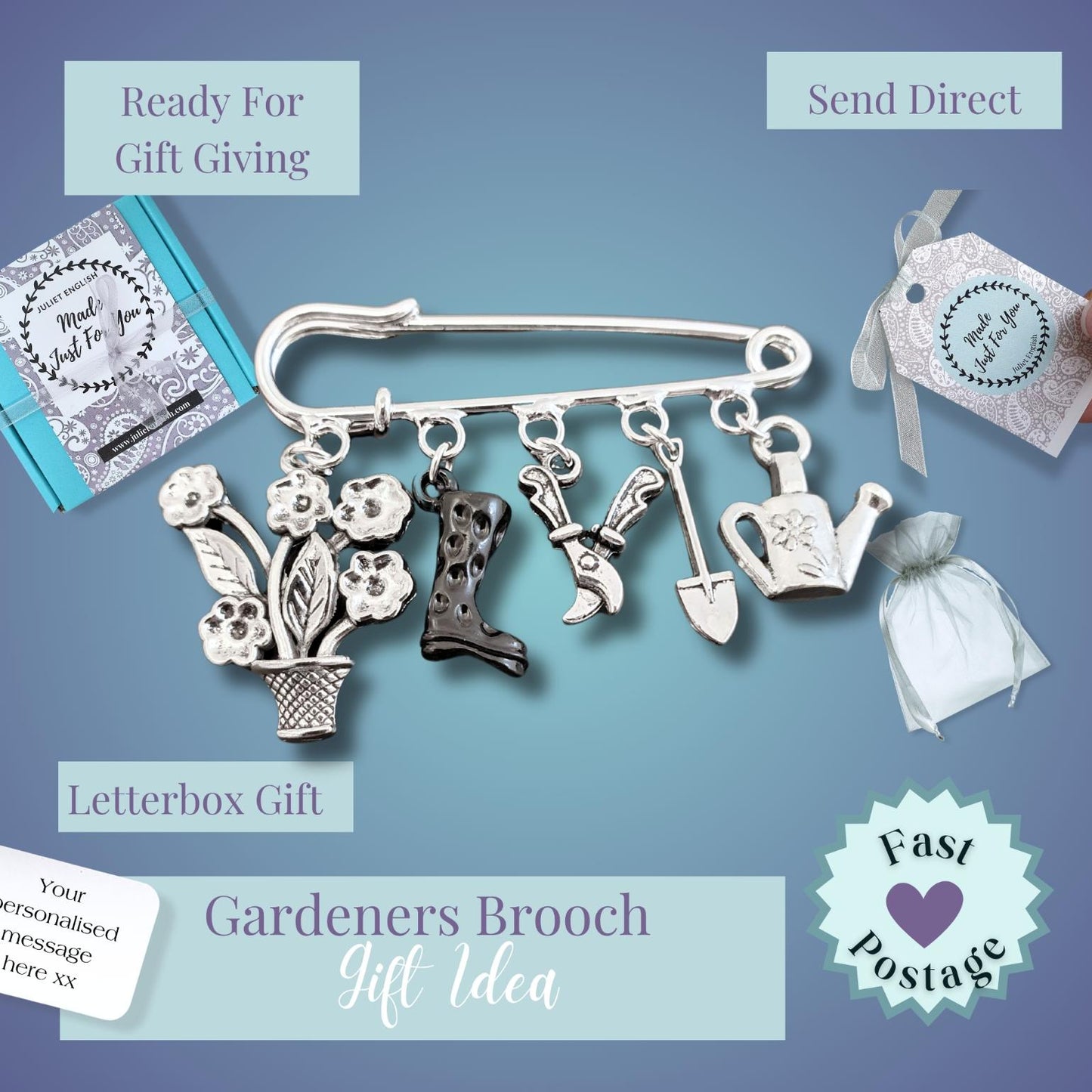 A silver-tone gardener's brooch with flower, boot, shovel, and watering can charms, shown alongside a letterbox card, a small gift pouch, and a branded tag. Text overlays read 'Ready For Gift Giving', 'Send Direct', 'Letterbox Gift', 'Gardeners Brooch Gift Idea', and 'Fast Postage' on a blue gradient background.