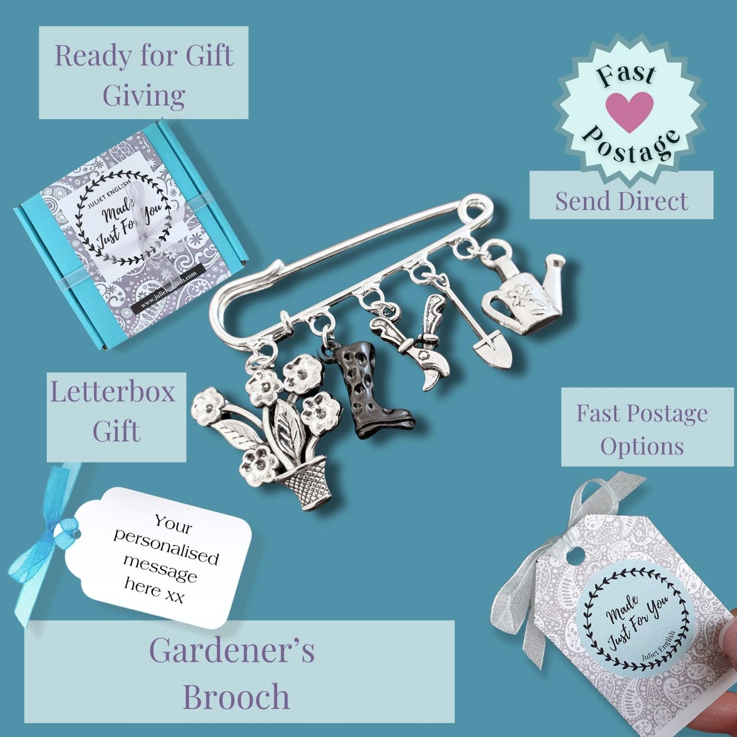 Personalised silver gardener's brooch with hanging charms including a watering can, soil, plant, and gardening tools, shown with gift packaging options and text callouts on a teal background.