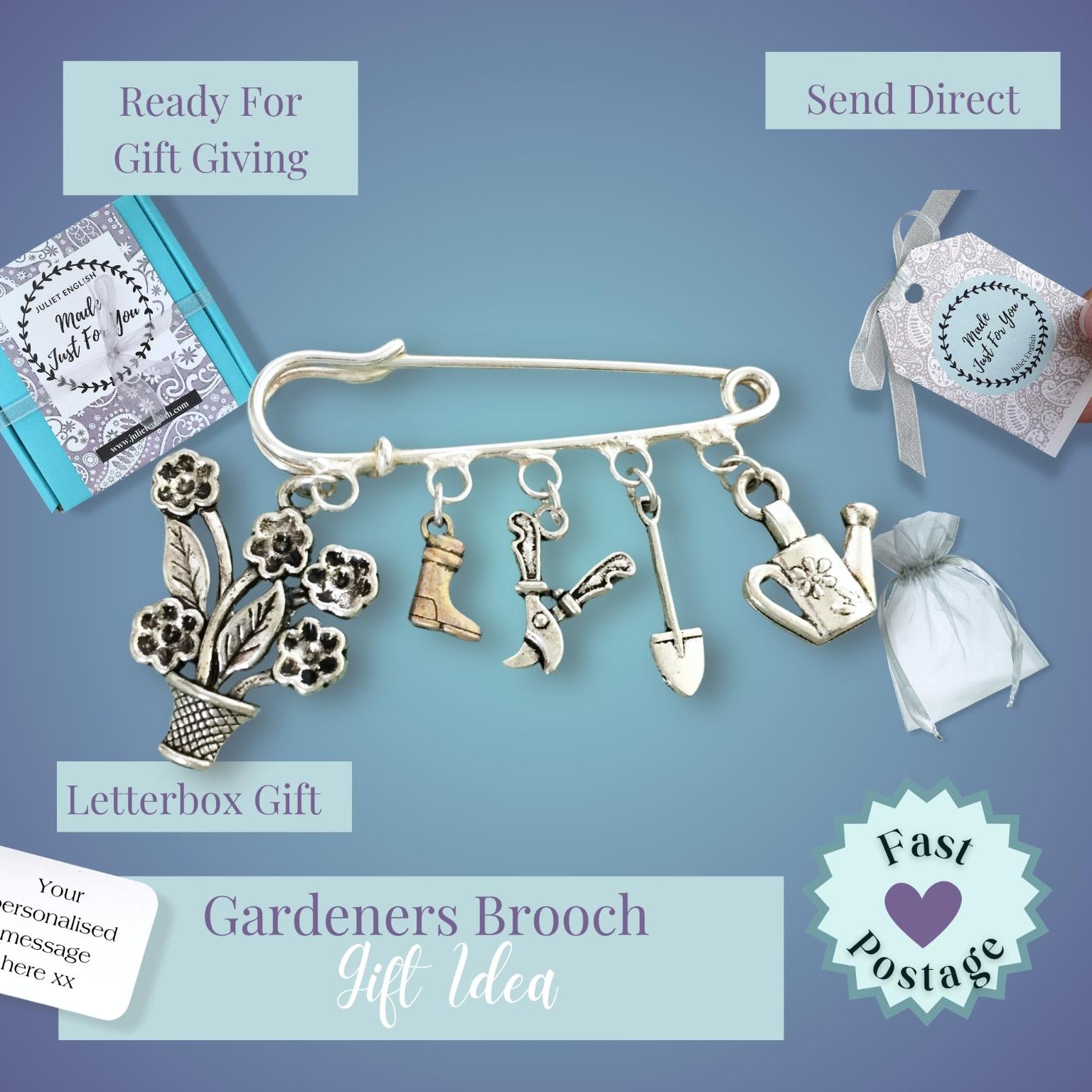 A garden-themed brooch displayed on a blue gradient background, featuring a silver-tone safety pin with charms shaped like a potted plant, boots, gardening tools, and a watering can. The image includes promotional text overlays such as 'Ready For Gift Giving', 'Send Direct', 'Letterbox Gift', and 'Gardeners Brooch Gift Idea', along with a hand holding a matching tag.