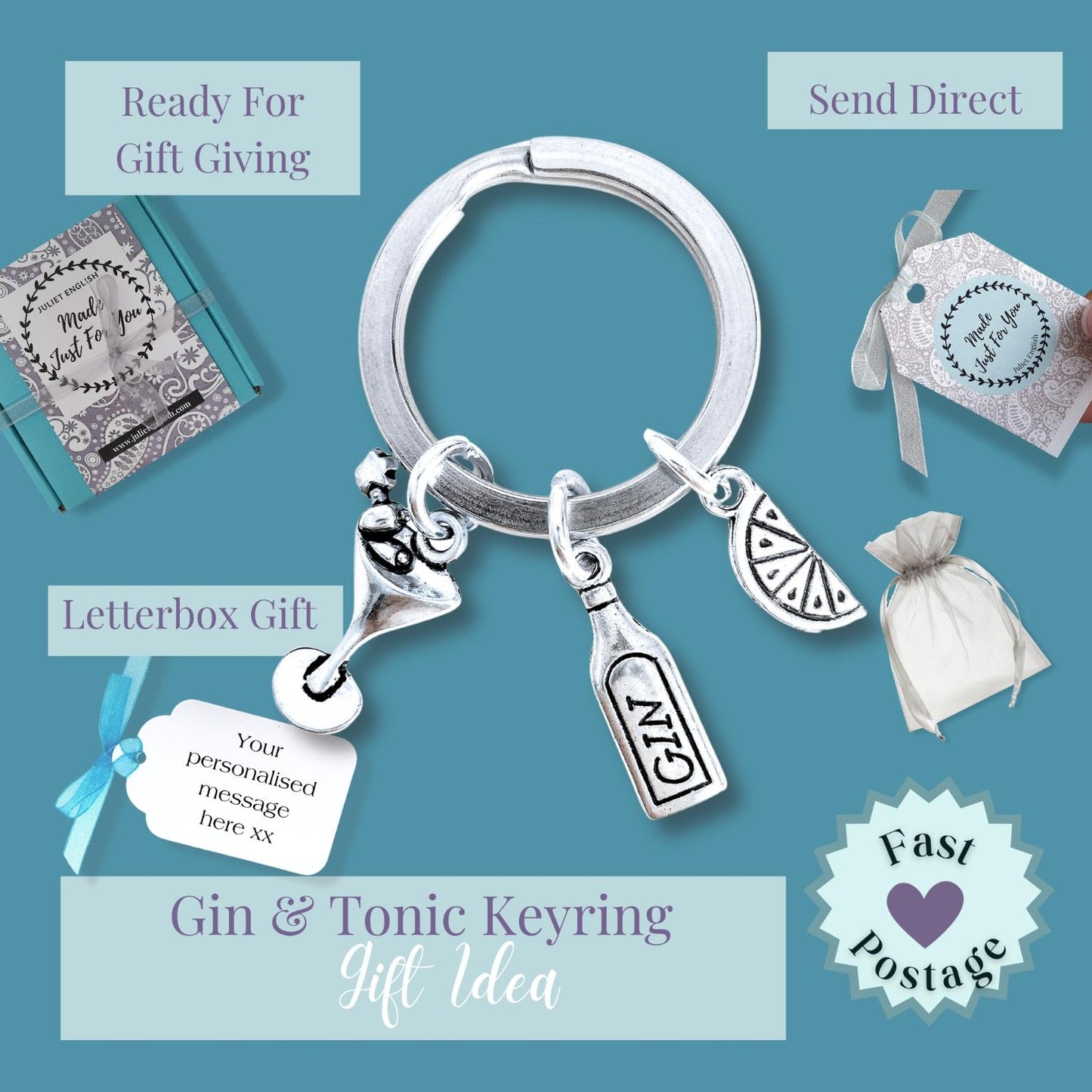 A silver-tone Gin & Tonic keyring charm set displayed on a teal background with promotional text and gift packaging options. The keyring includes a large hoop, a bottle-shaped charm, a lemon slice charm, and a cocktail glass charm.