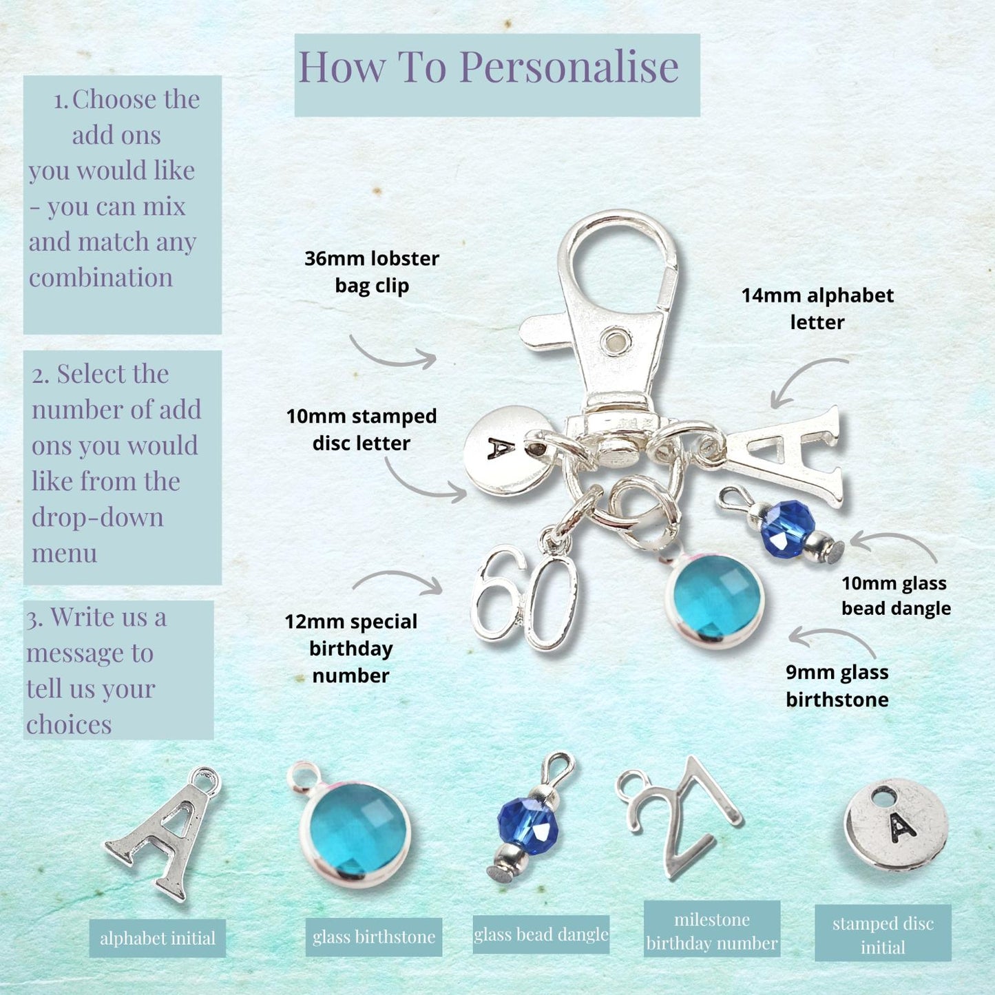 Jewelry customization options with charms and text on a light blue background