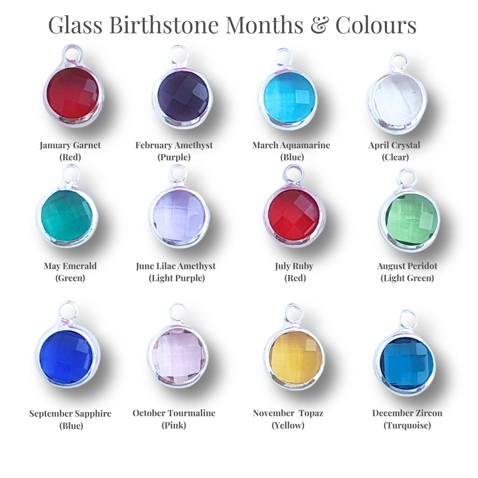 Chart of glass birthstone pendants with corresponding months and colors on a white background.