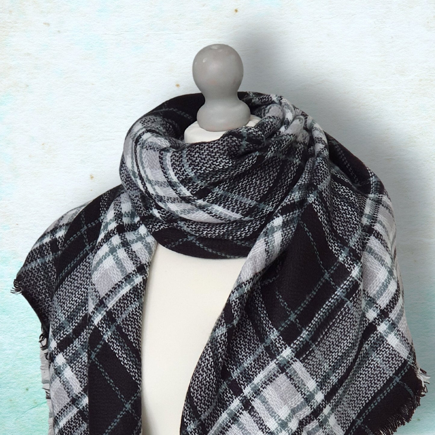 Plaid Blanket Scarf - Black, green and white