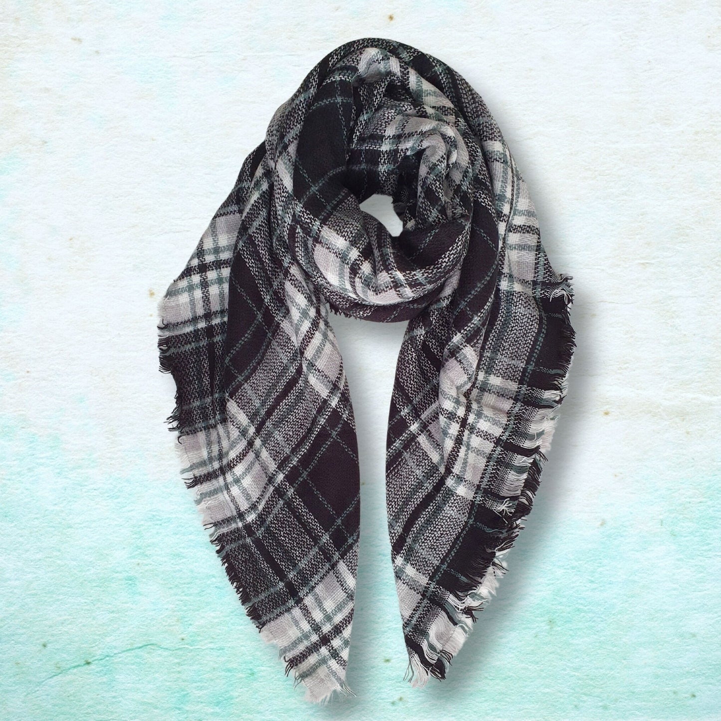 Plaid Blanket Scarf - Black, green and white