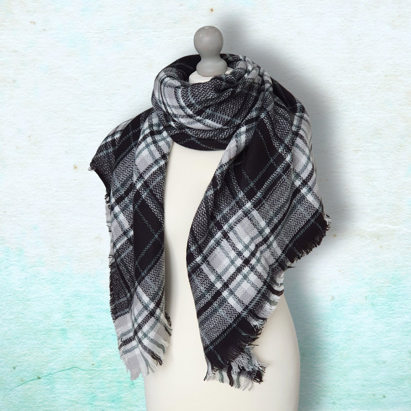 Plaid Blanket Scarf - Black, green and white