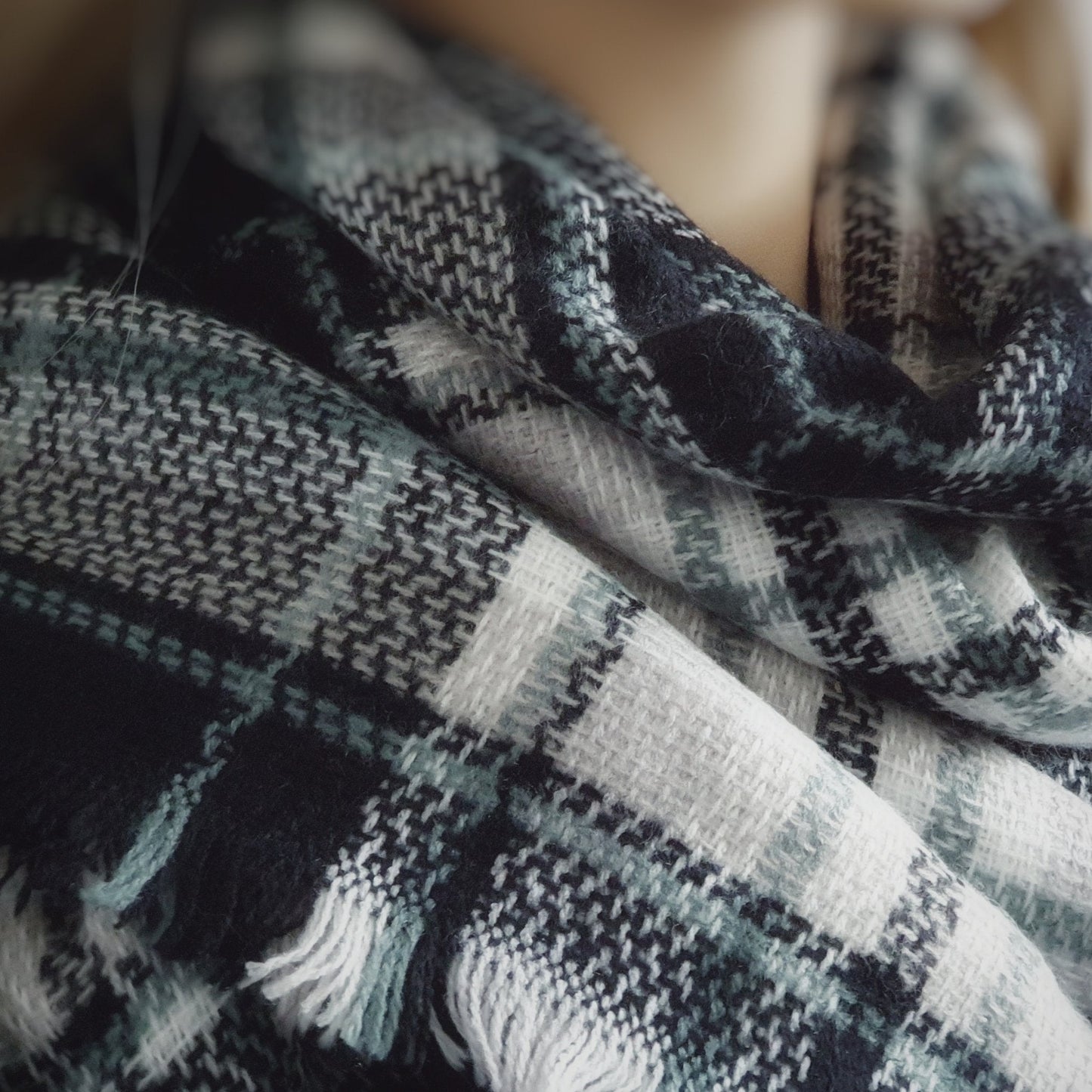 Plaid Blanket Scarf - Black, green and white