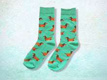 Load image into Gallery viewer, Cute Dachshund Hot Dog Socks - Apple Green Novelty Footwear for Dog Lovers
