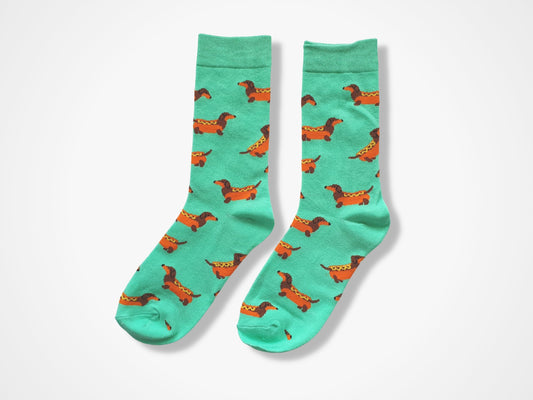 Cute Dachshund Hot Dog Socks - Apple Green Novelty Footwear for Dog Lovers