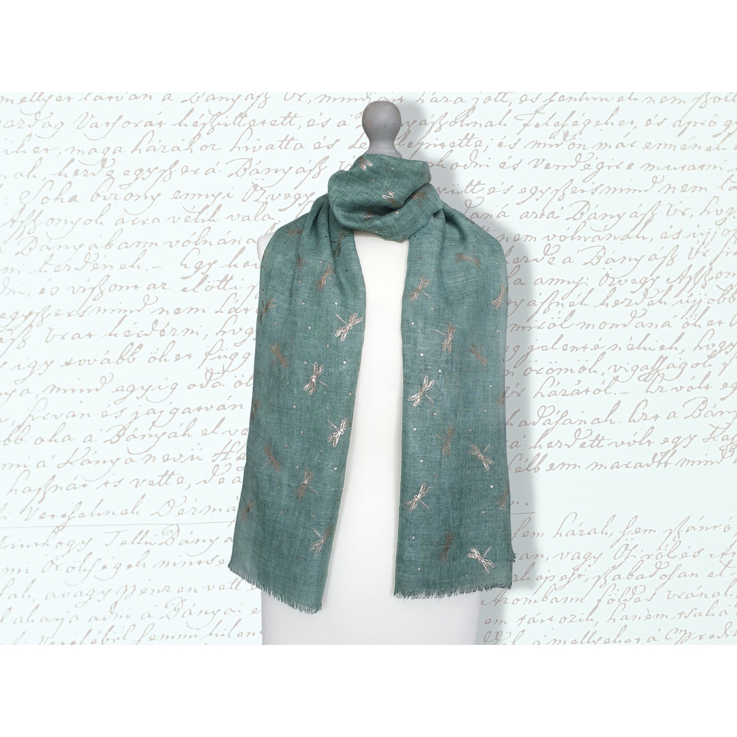 Ladies Lightweight Scarf with Rose Gold Dragonfly Design - Green