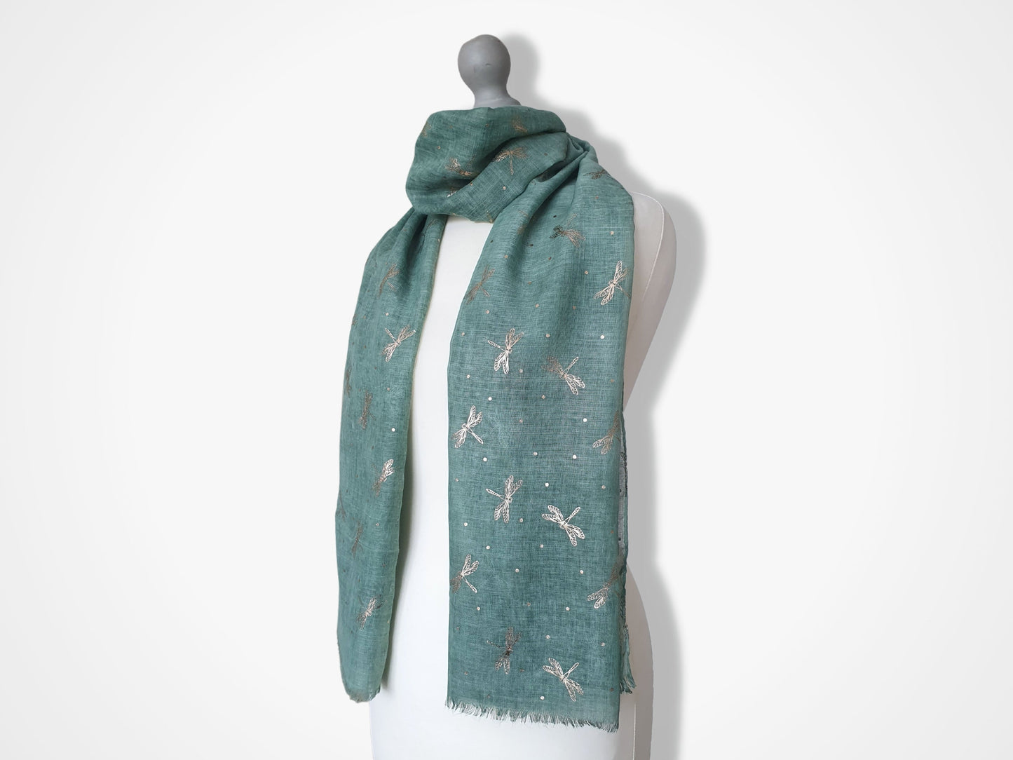 Ladies Lightweight Scarf with Rose Gold Dragonfly Design - Green