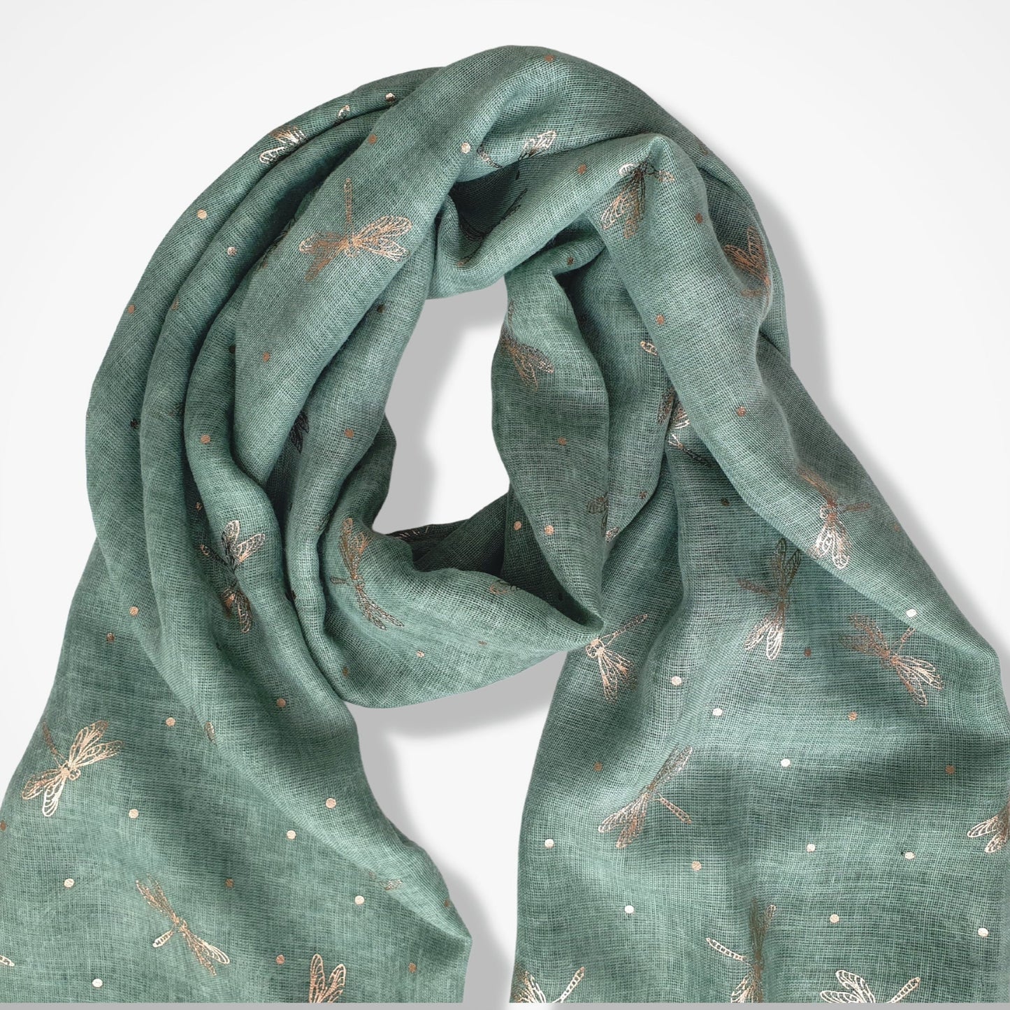 Ladies Lightweight Scarf with Rose Gold Dragonfly Design - Green