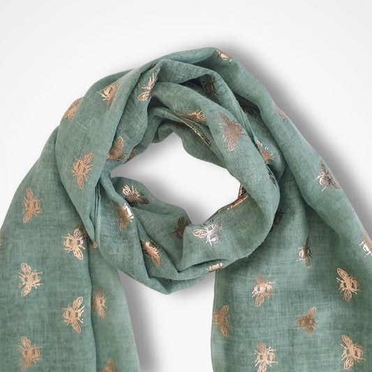 Bee Scarf - Green and Rose Gold Foil