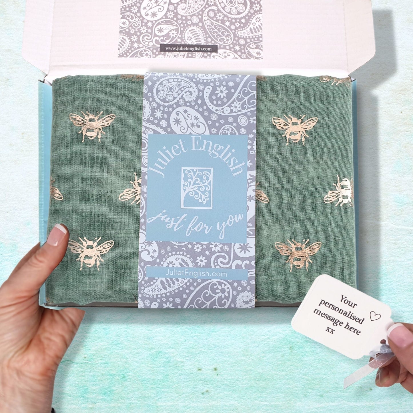 Bee Scarf - Green and Rose Gold Foil