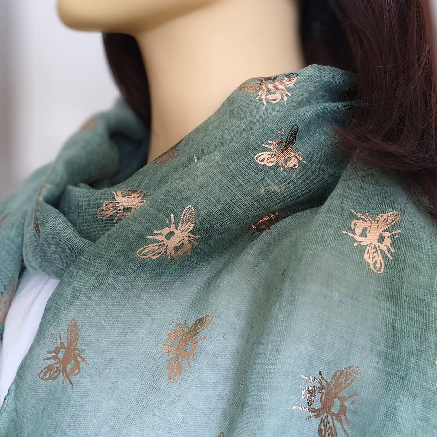 Bee Scarf - Green and Rose Gold Foil