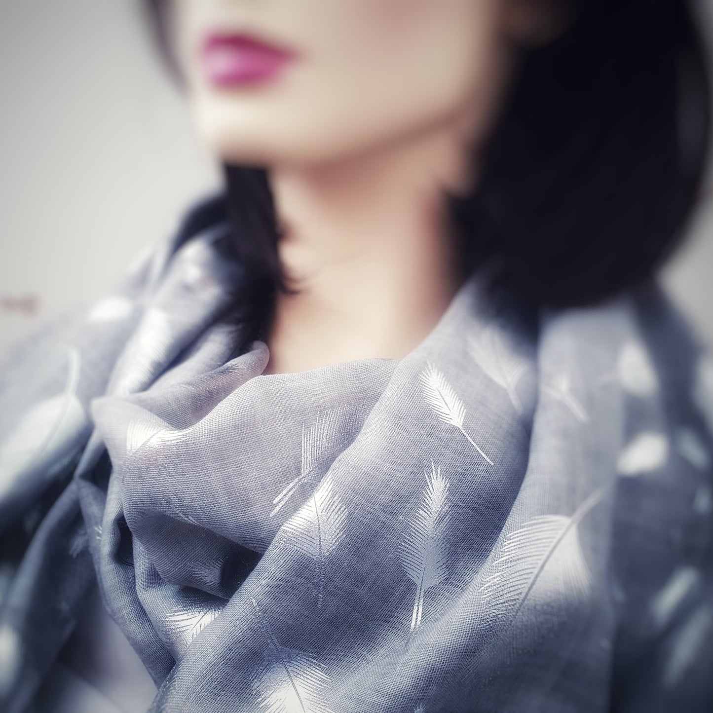 Tie Dye Printed Silver Feathers Scarf - Grey with silver print