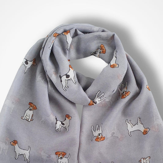Grey scarf with jack russell dog pattern on a light grey background
