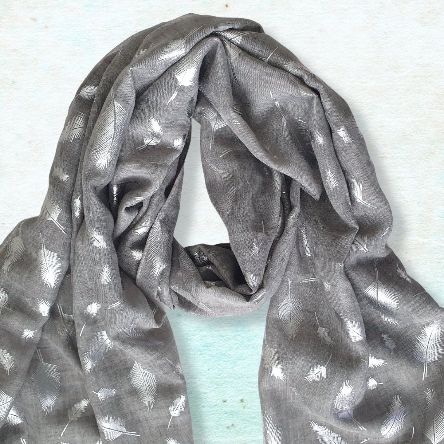 Tie Dye Printed Silver Feathers Scarf - Grey with silver print