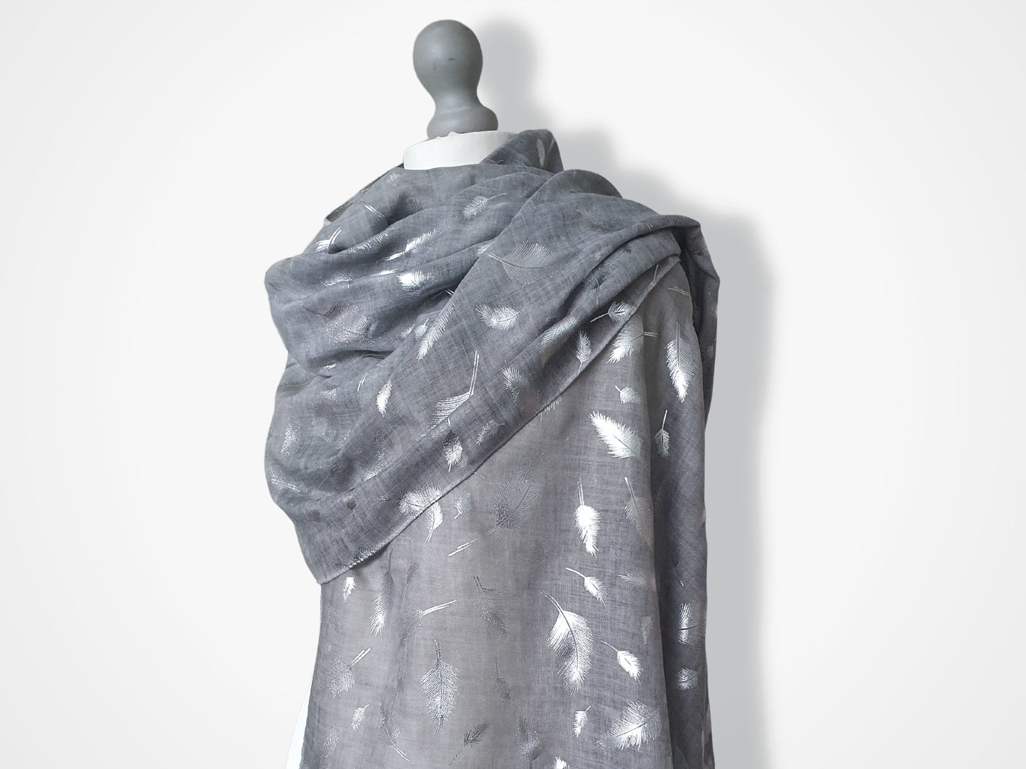 Tie Dye Printed Silver Feathers Scarf - Grey with silver print