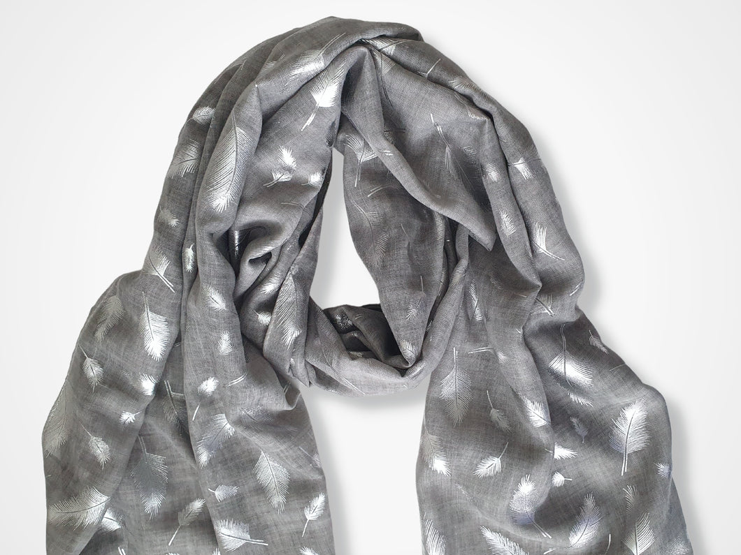 Tie Dye Printed Silver Feathers Scarf - Grey with silver print