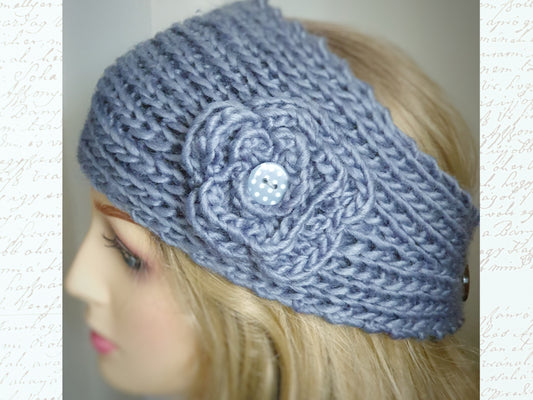 Knitted Flower Headband - Grey