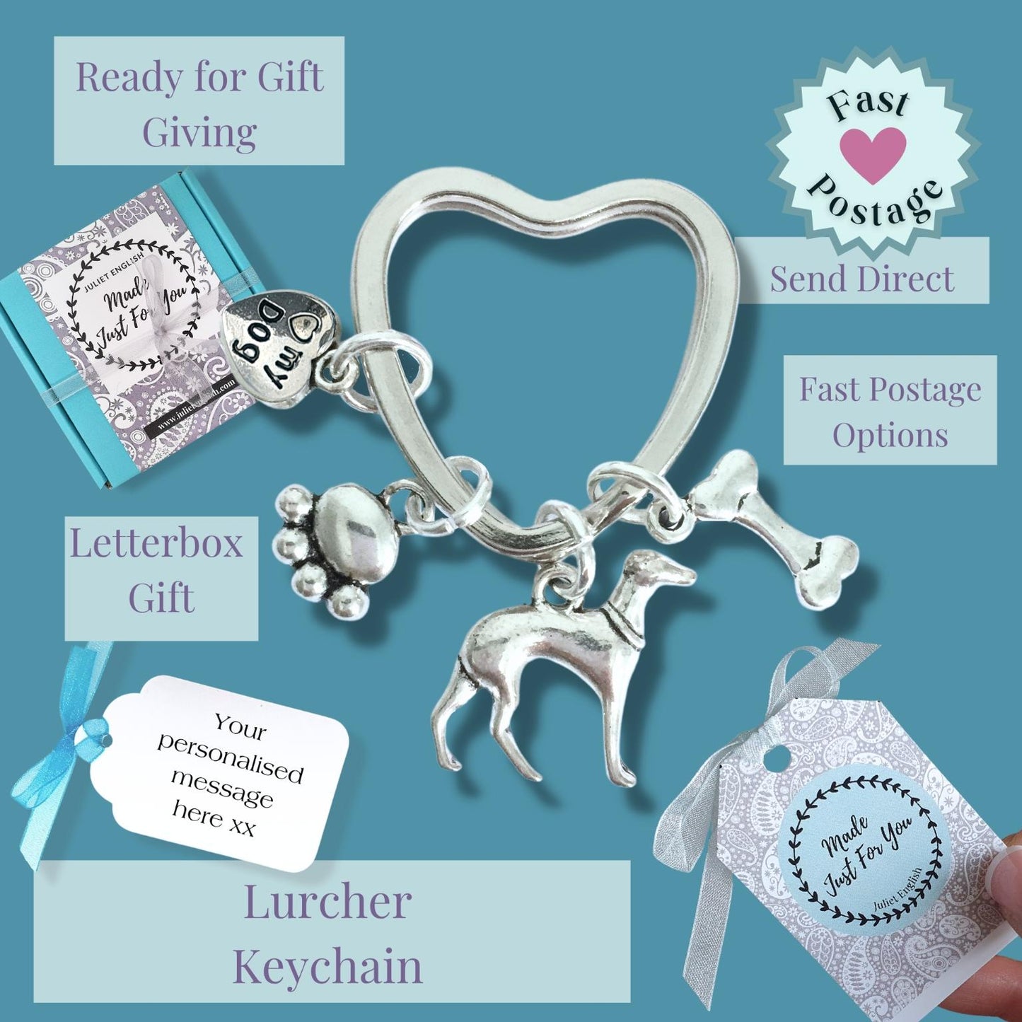 Silver Lurcher keychain with heart design on a blue background