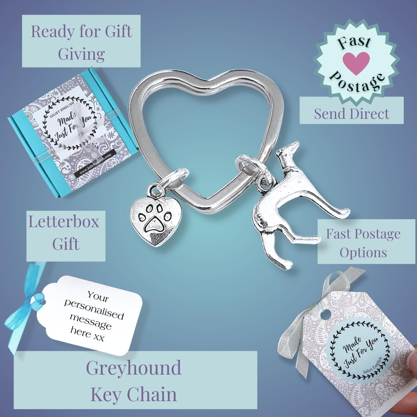 Silver keychain with paw and dog charm on a blue background with promotional text.
